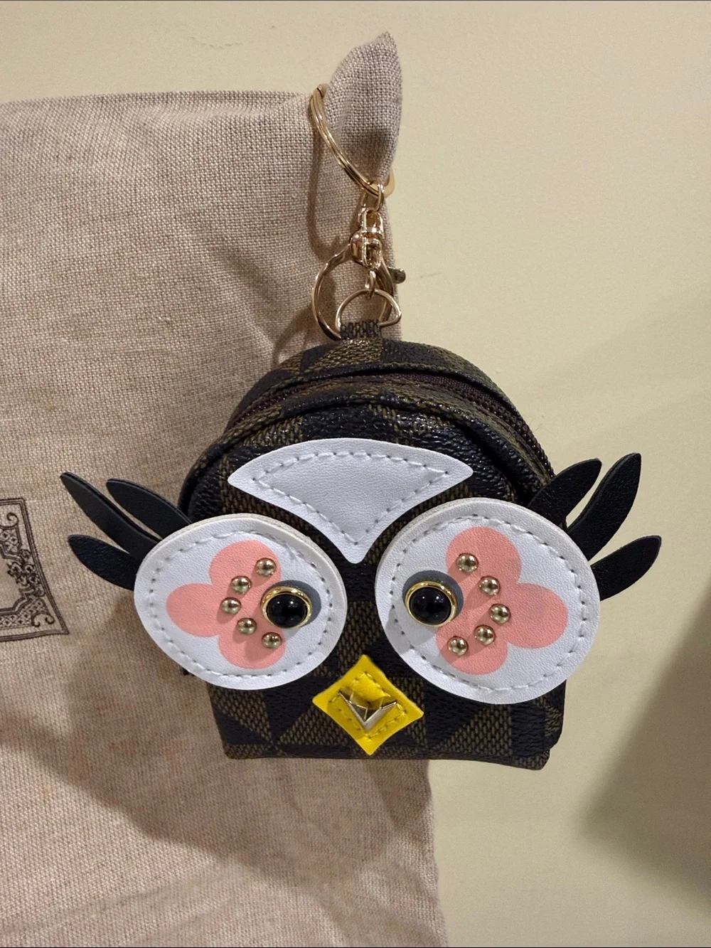 Kids Owl Keychain Coin Pouch - Black with Pink and Yellow Accents